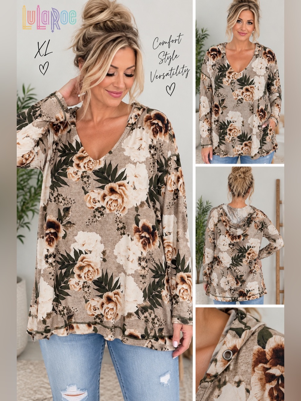 LuLaRoe XL Floral Hooded V-Neck Long Sleeve Tunic Top